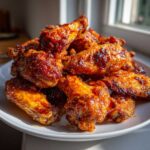 A generous pile of Sticky Orange Chicken Wings Crispy Oven Style glistening with glaze on a white plate.