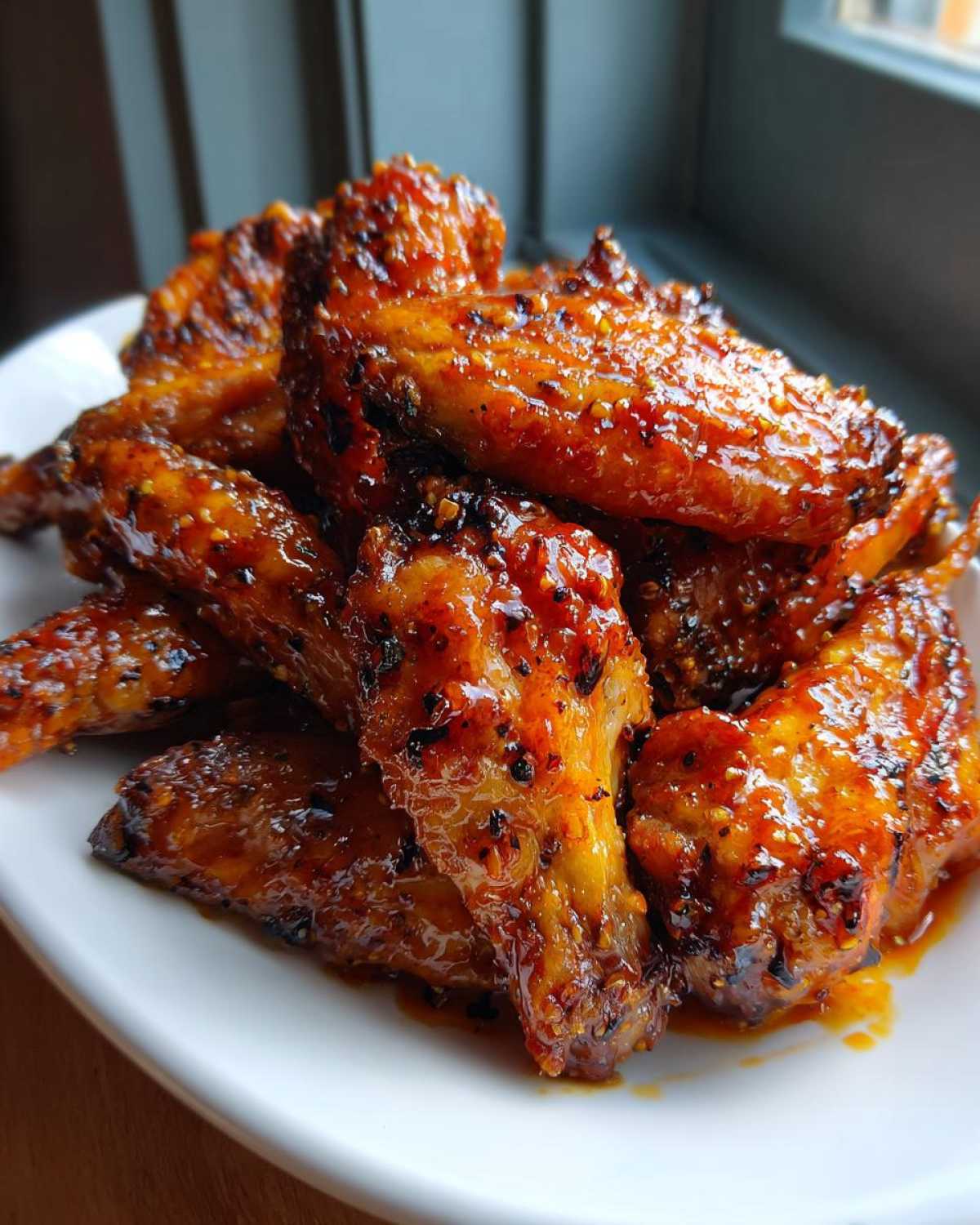 A close-up of oven-baked Sticky Orange Chicken Wings Crispy Oven Style, glistening with a thick, dark orange glaze.