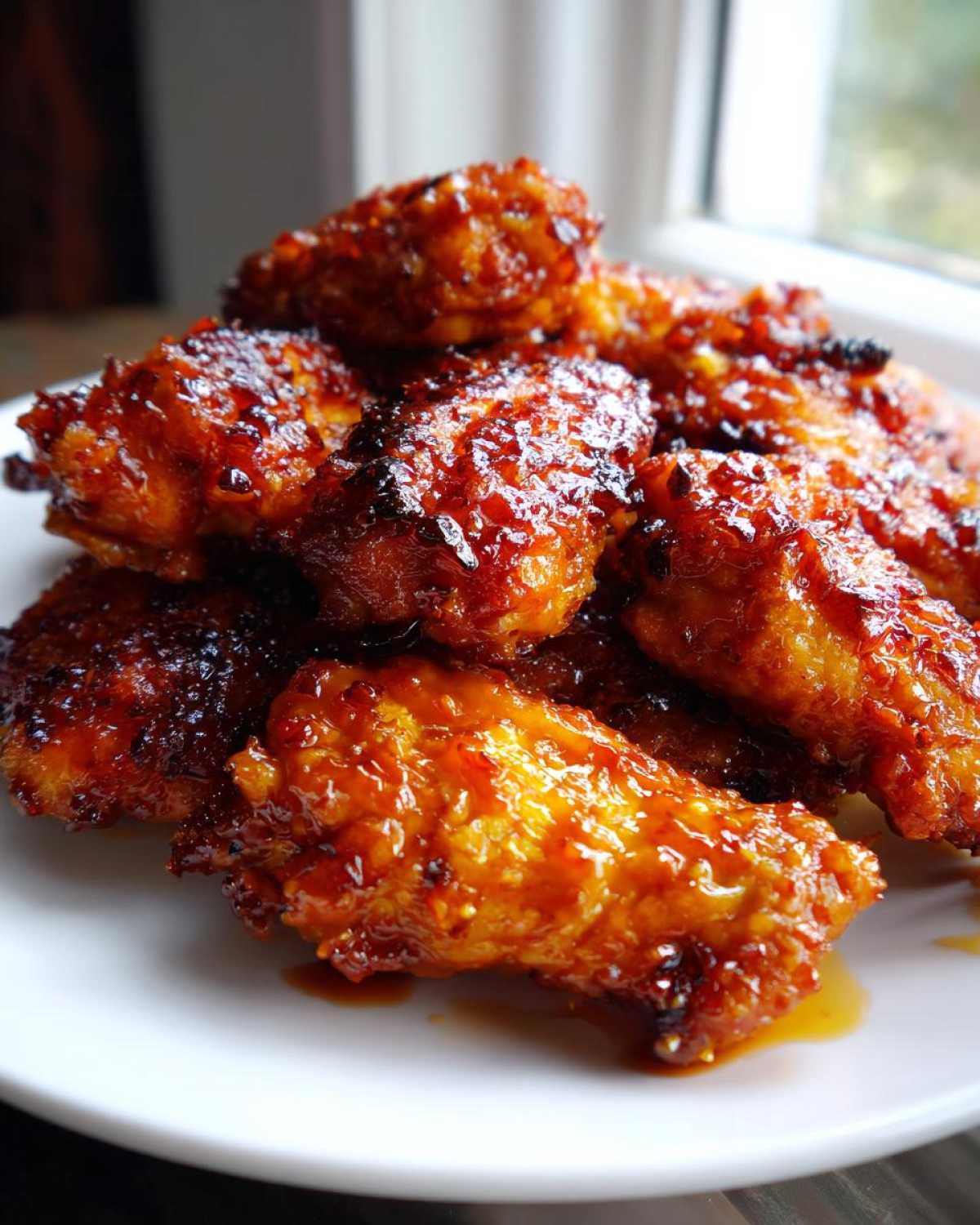 Close-up of crispy oven-baked Sticky Orange Chicken Wings coated in a thick, glossy, caramelized glaze.