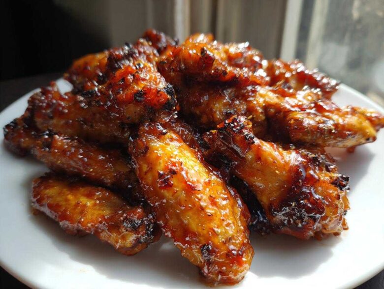 A pile of glistening, crispy Sticky Orange Chicken Wings Crispy Oven Style piled high on a white plate.