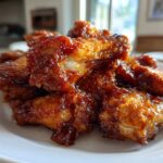 A close-up of several Sticky Orange Chicken Wings coated in a thick, glossy honey glaze, piled on a white plate.