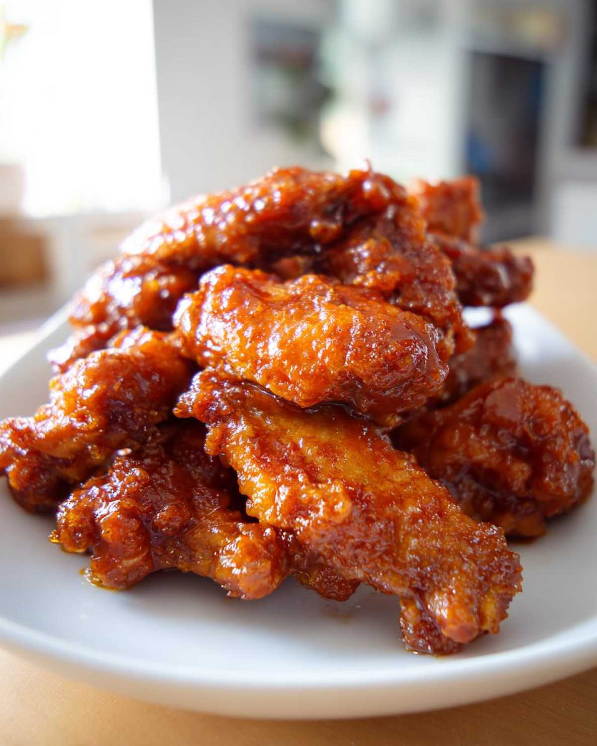 A close-up of a pile of glistening Sticky Orange Chicken Wings with Honey Glaze stacked on a white plate.