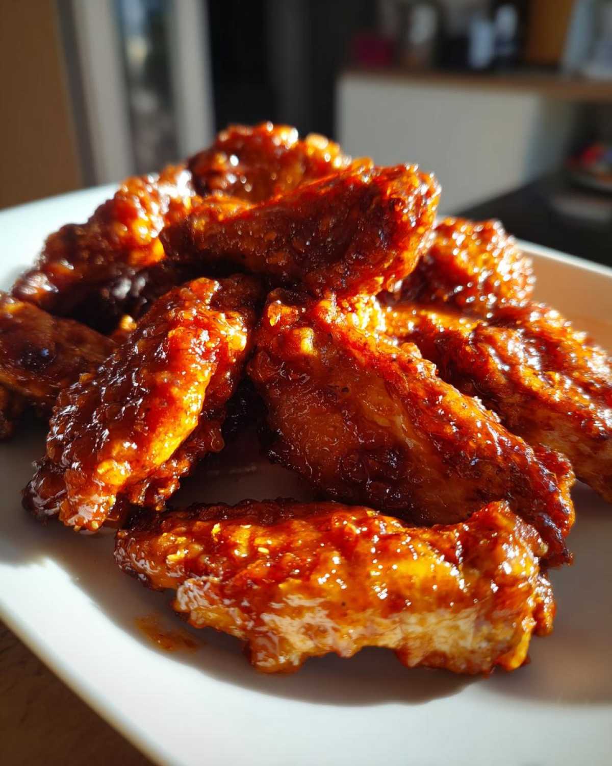 A pile of glistening Sticky Orange Chicken Wings with Honey Glaze piled high on a white plate, catching the sunlight.