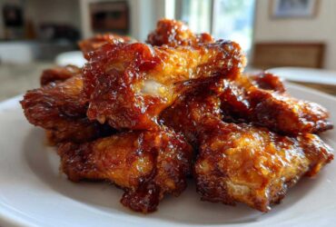 A close-up of several Sticky Orange Chicken Wings coated in a thick, glossy honey glaze, piled on a white plate.