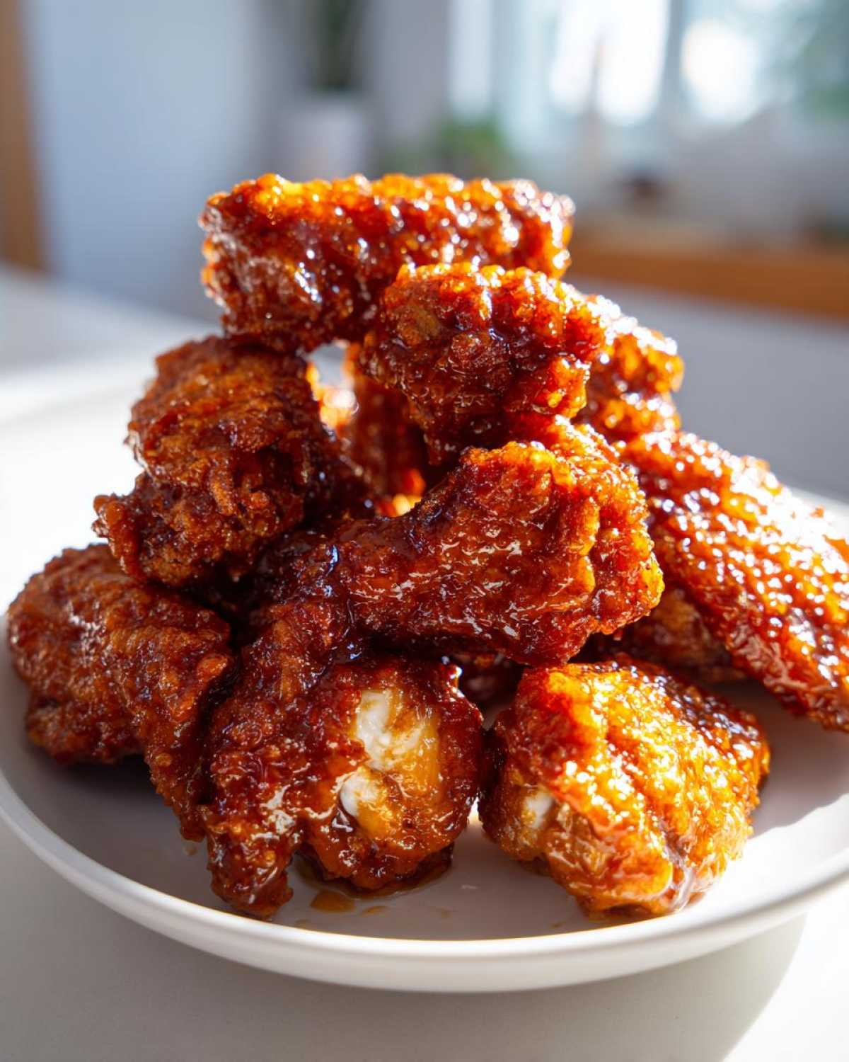 A pile of crispy Sticky Orange Chicken Wings with Honey Glaze glistening under bright light on a white plate.