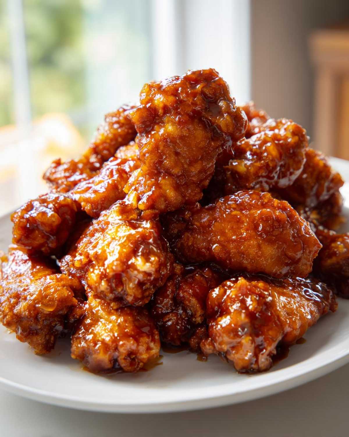 A close-up stack of crispy Sticky Orange Chicken Wings coated in a thick, shiny honey glaze.