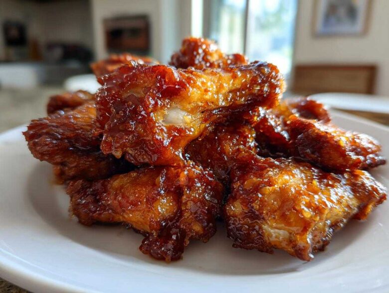 A close-up of several Sticky Orange Chicken Wings coated in a thick, glossy honey glaze, piled on a white plate.