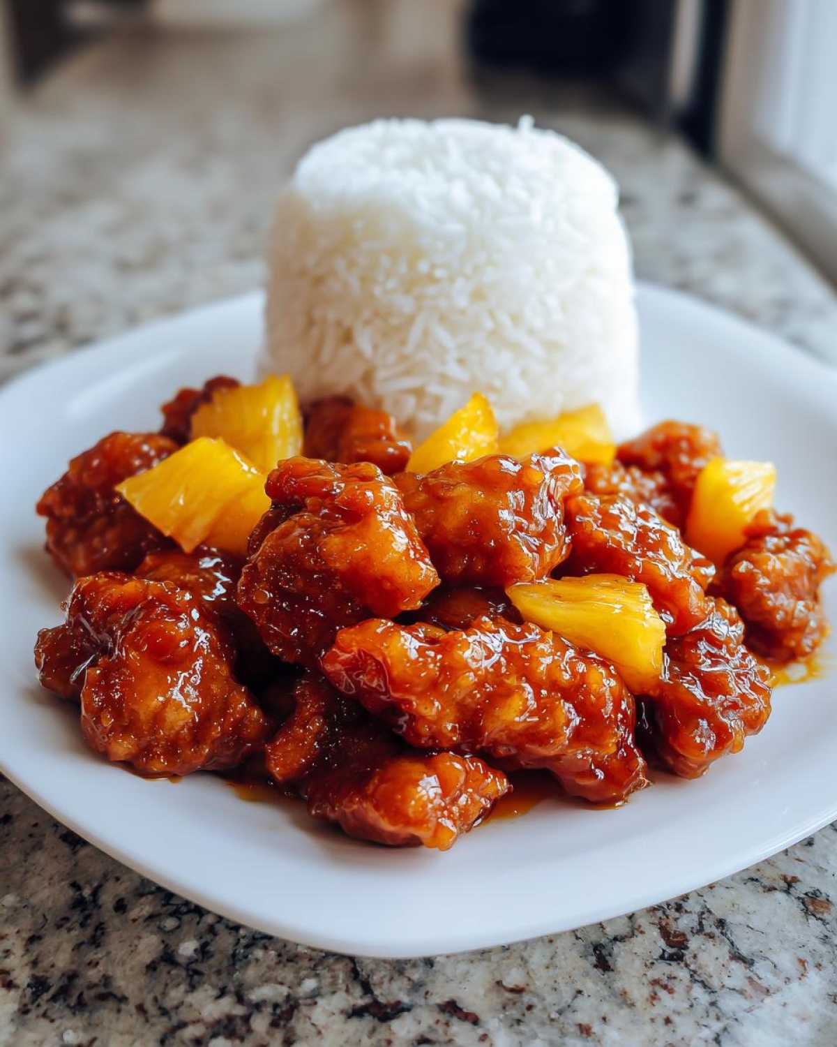 Close-up of Sticky Pineapple Chicken with sweet glaze served with a mound of white rice on a white plate.