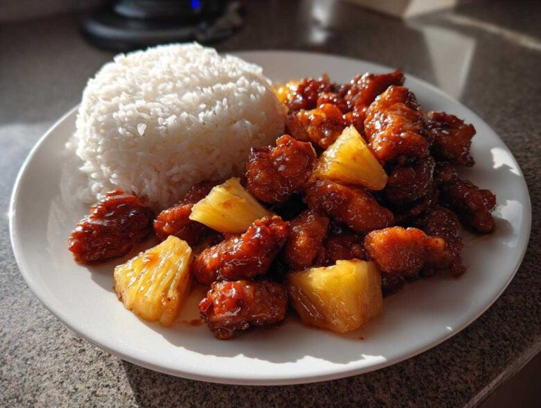 A plate of Sticky Pineapple Chicken with Sweet Glaze served next to a mound of white rice.