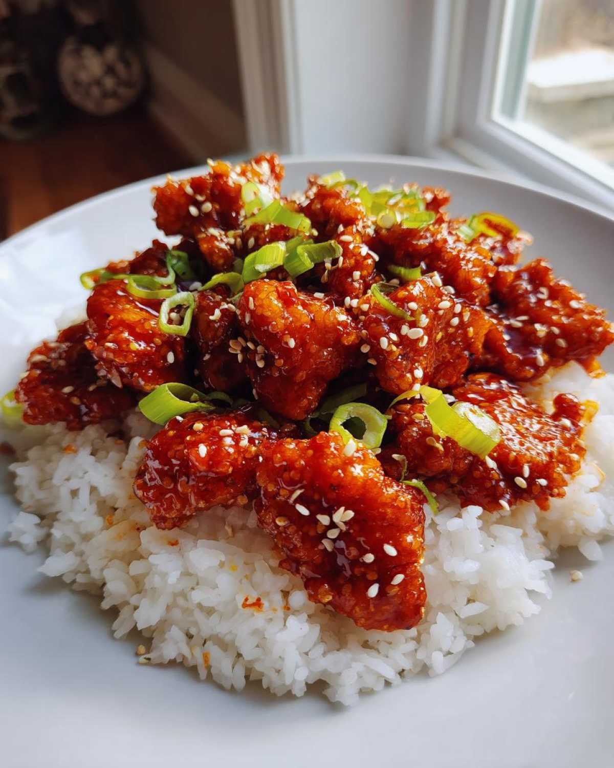 Close-up of Sticky Sweet Chili Chicken Skillet pieces coated in glaze, served over white rice and garnished with sesame seeds and green onions.