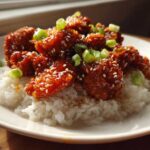 Close-up of Sticky Sweet Chili Chicken Skillet pieces coated in glaze, served over white rice and garnished with sesame seeds and green onions.