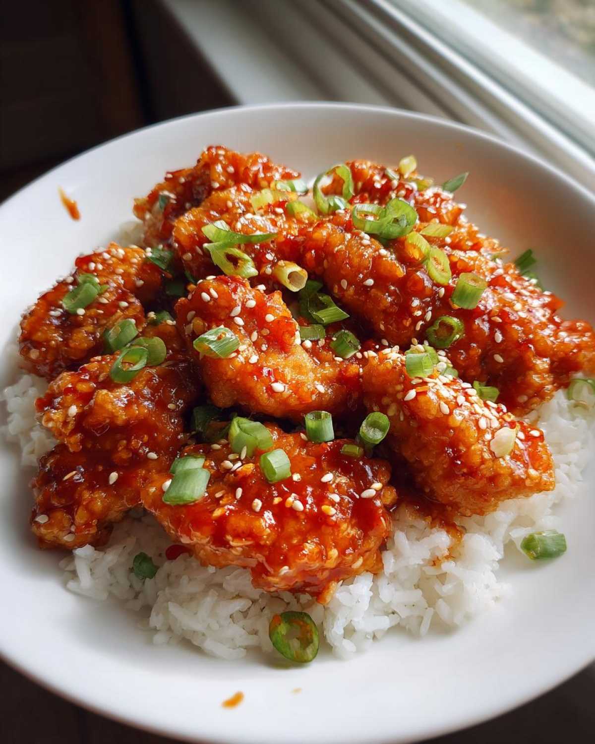 Close-up of crispy chicken pieces coated in a glossy sauce, served over white rice, garnished with sesame seeds and green onions for Sticky Sweet Chili Chicken Skillet.
