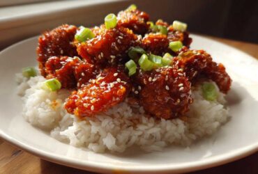 Close-up of Sticky Sweet Chili Chicken Skillet pieces coated in glaze, served over white rice and garnished with sesame seeds and green onions.