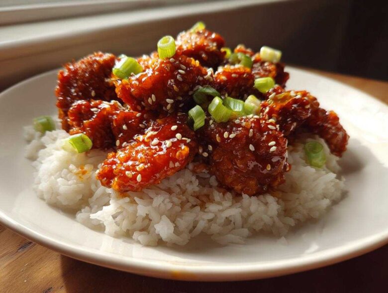 Close-up of Sticky Sweet Chili Chicken Skillet pieces coated in glaze, served over white rice and garnished with sesame seeds and green onions.