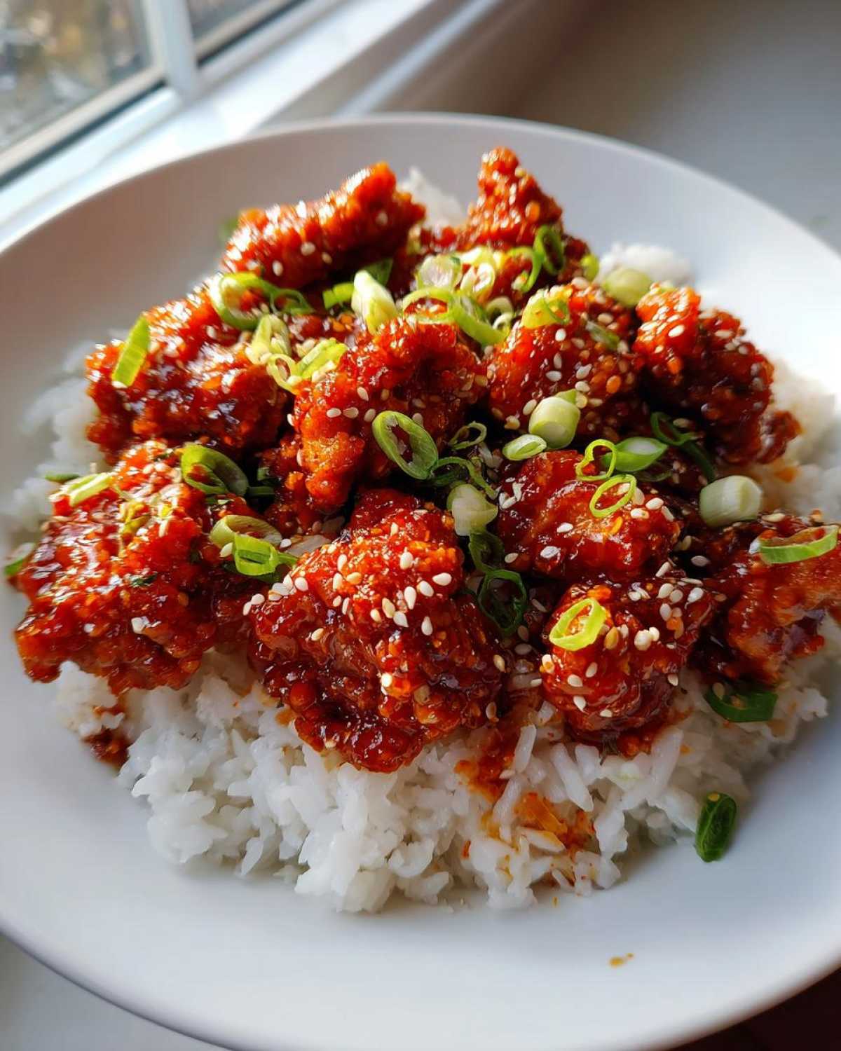 Close-up of crispy chicken pieces coated in a glossy red sauce, served over white rice, garnished with sesame seeds and green onions for Sticky Sweet Chili Chicken Skillet.
