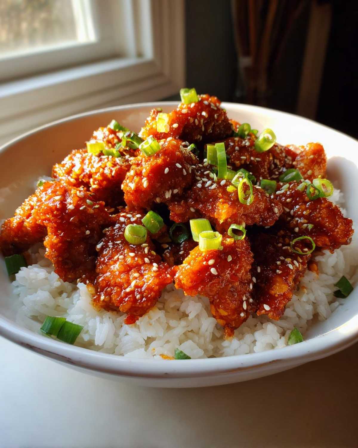 Close-up of Sticky Sweet Chili Chicken Skillet pieces coated in glaze, served over white rice and topped with green onions.