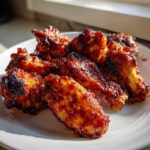 A close-up of glistening, caramelized Sticky Sweet Chili Chicken Wings Oven Baked piled on a white plate.