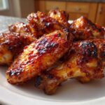 Close-up of several Sticky Sweet Chili Chicken Wings Oven Baked, glistening with a dark red, caramelized glaze on a white plate.