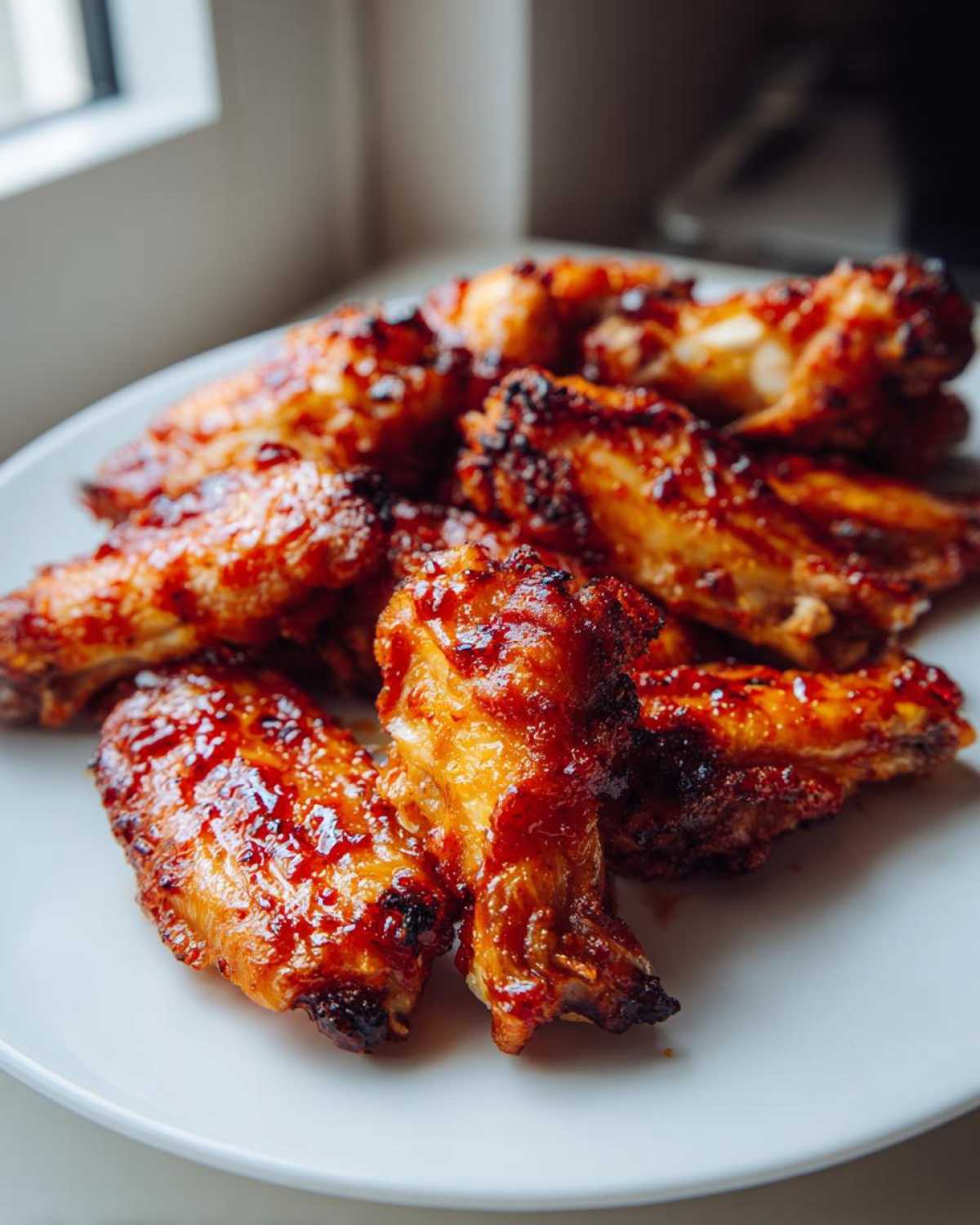 A plate piled high with glossy, caramelized Sticky Sweet Chili Chicken Wings Oven Baked.