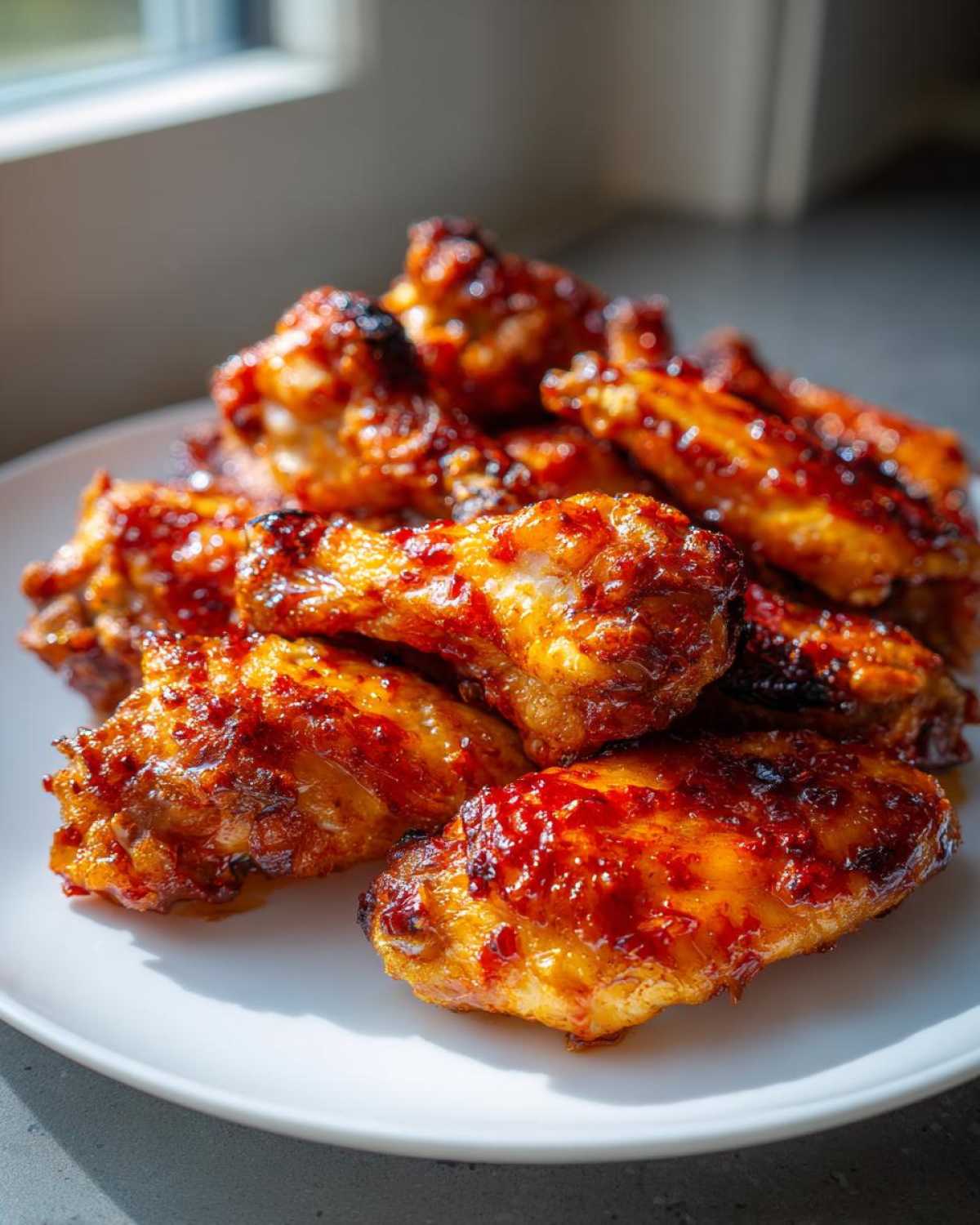 A close-up of glossy, caramelized Sticky Sweet Chili Chicken Wings Oven Baked piled on a white plate.