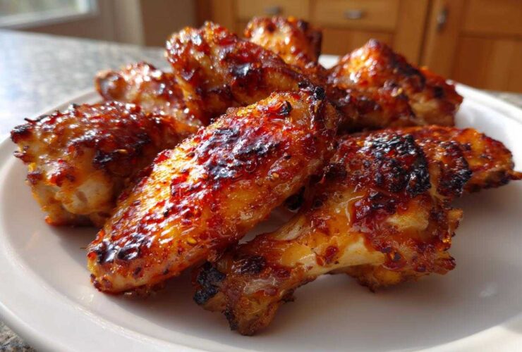 Close-up of several Sticky Sweet Chili Chicken Wings Oven Baked, glistening with a dark red, caramelized glaze on a white plate.