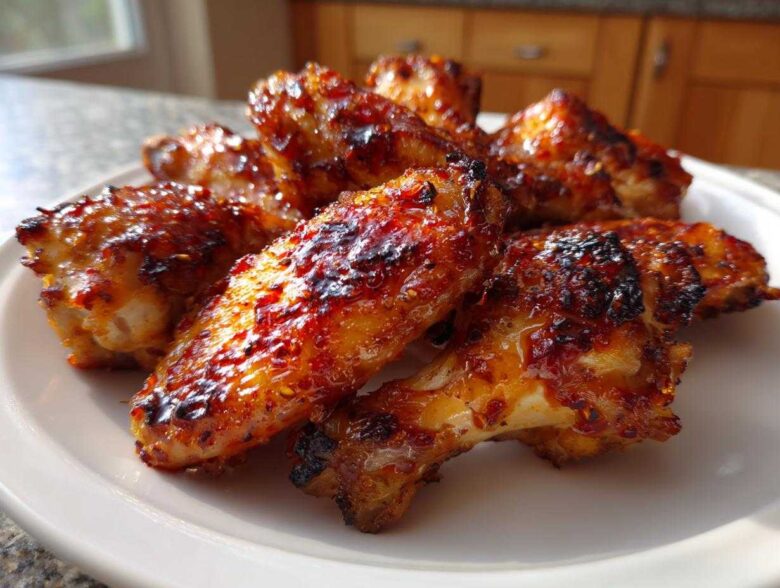 Close-up of several Sticky Sweet Chili Chicken Wings Oven Baked, glistening with a dark red, caramelized glaze on a white plate.