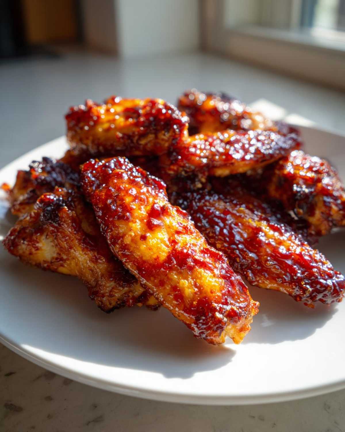 A close-up of glistening, caramelized Sticky Sweet Chili Chicken Wings Oven Baked piled on a white plate.
