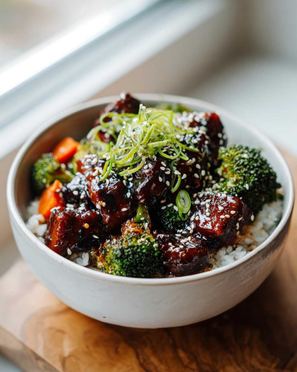A close-up of a Sticky Teriyaki Chicken Bowl with rice, broccoli, carrots, sesame seeds, and green onion garnish.