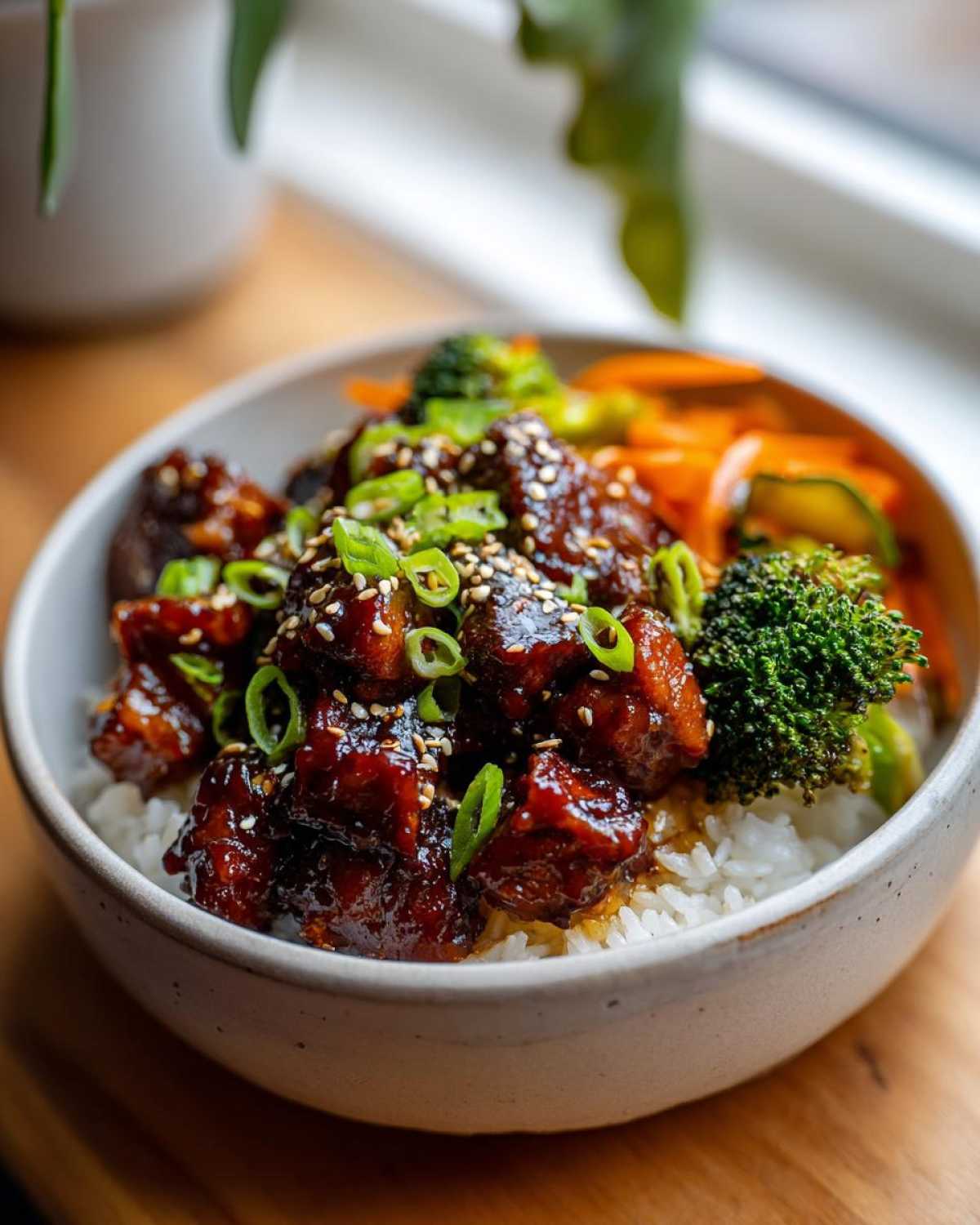 A close-up of a Sticky Teriyaki Chicken Bowl with rice, topped with glazed chicken pieces, broccoli, carrots, and sesame seeds.
