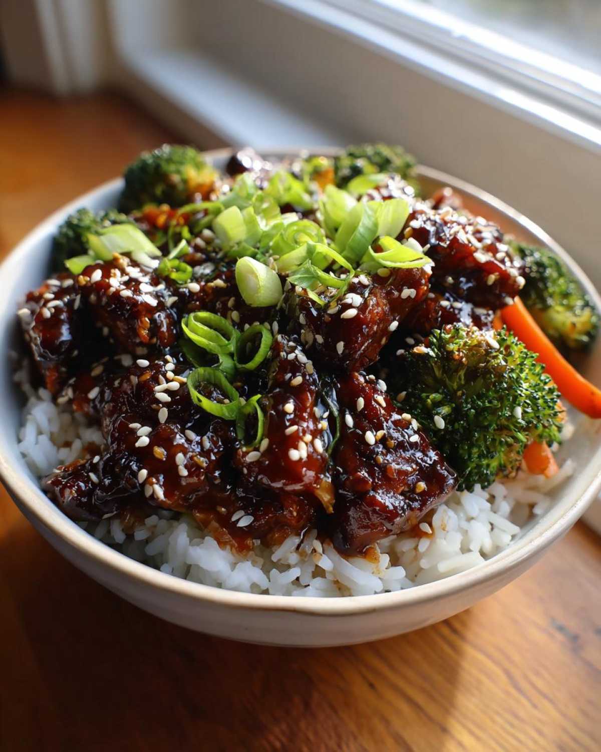 A close-up of a Sticky Teriyaki Chicken Bowl with rice, topped with glossy teriyaki sauce, sesame seeds, and green onions.