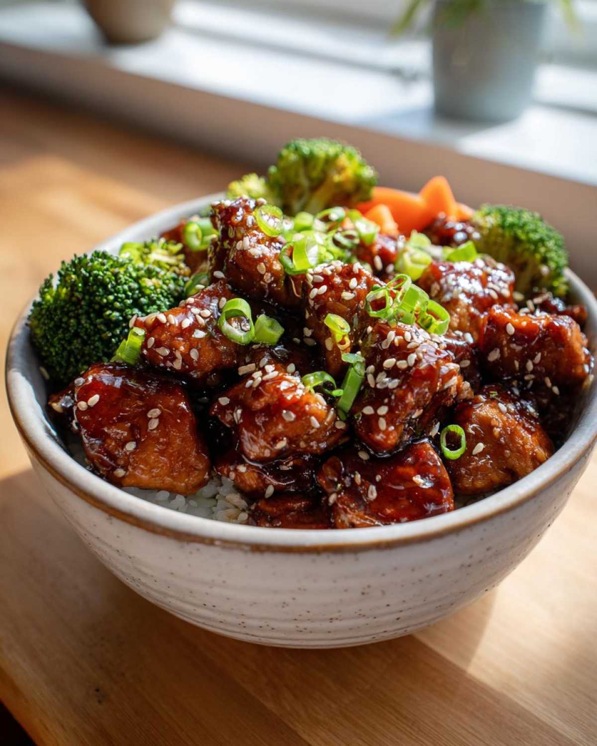 A close-up of a Sticky Teriyaki Chicken Bowl with rice, topped with sesame seeds and green onions, served with broccoli.