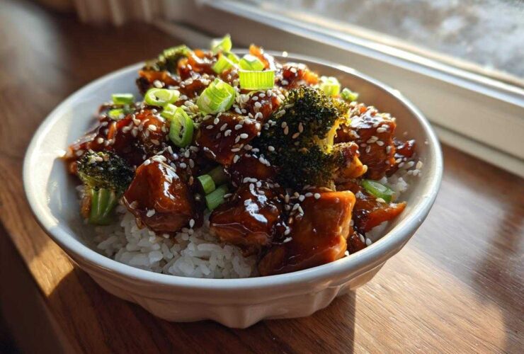 A close-up of a Sticky Teriyaki Chicken Bowl with rice, broccoli florets, and a sesame seed garnish.