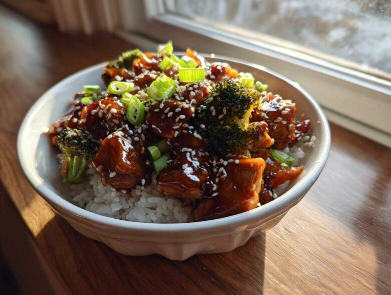 A close-up of a Sticky Teriyaki Chicken Bowl with rice, broccoli florets, and a sesame seed garnish.