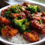 Close-up of Sticky Teriyaki Chicken Easy Weeknight Meal served over white rice with bright green steamed broccoli.