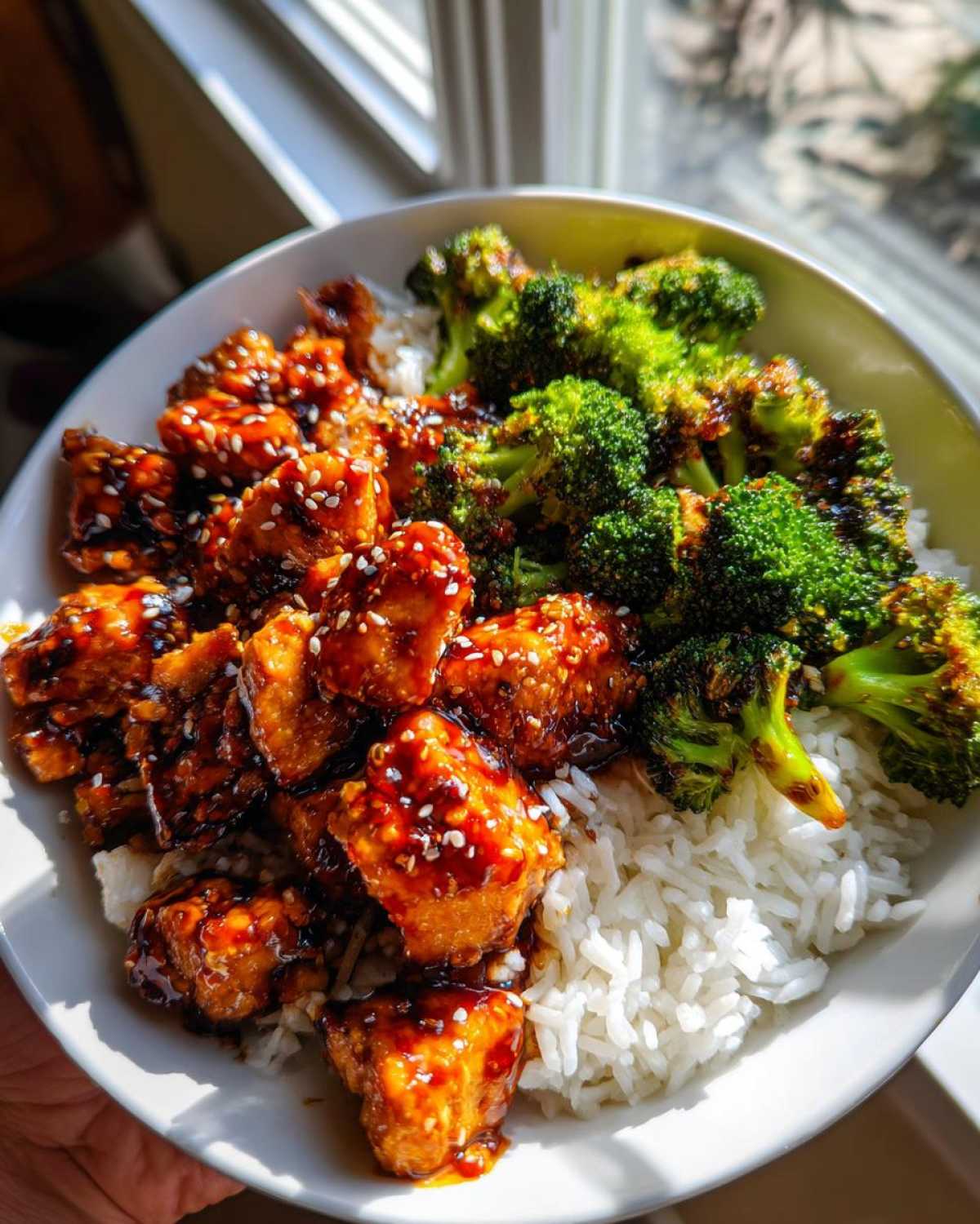 A bowl of Sticky Teriyaki Chicken Easy Weeknight Meal served over white rice with bright green broccoli florets.