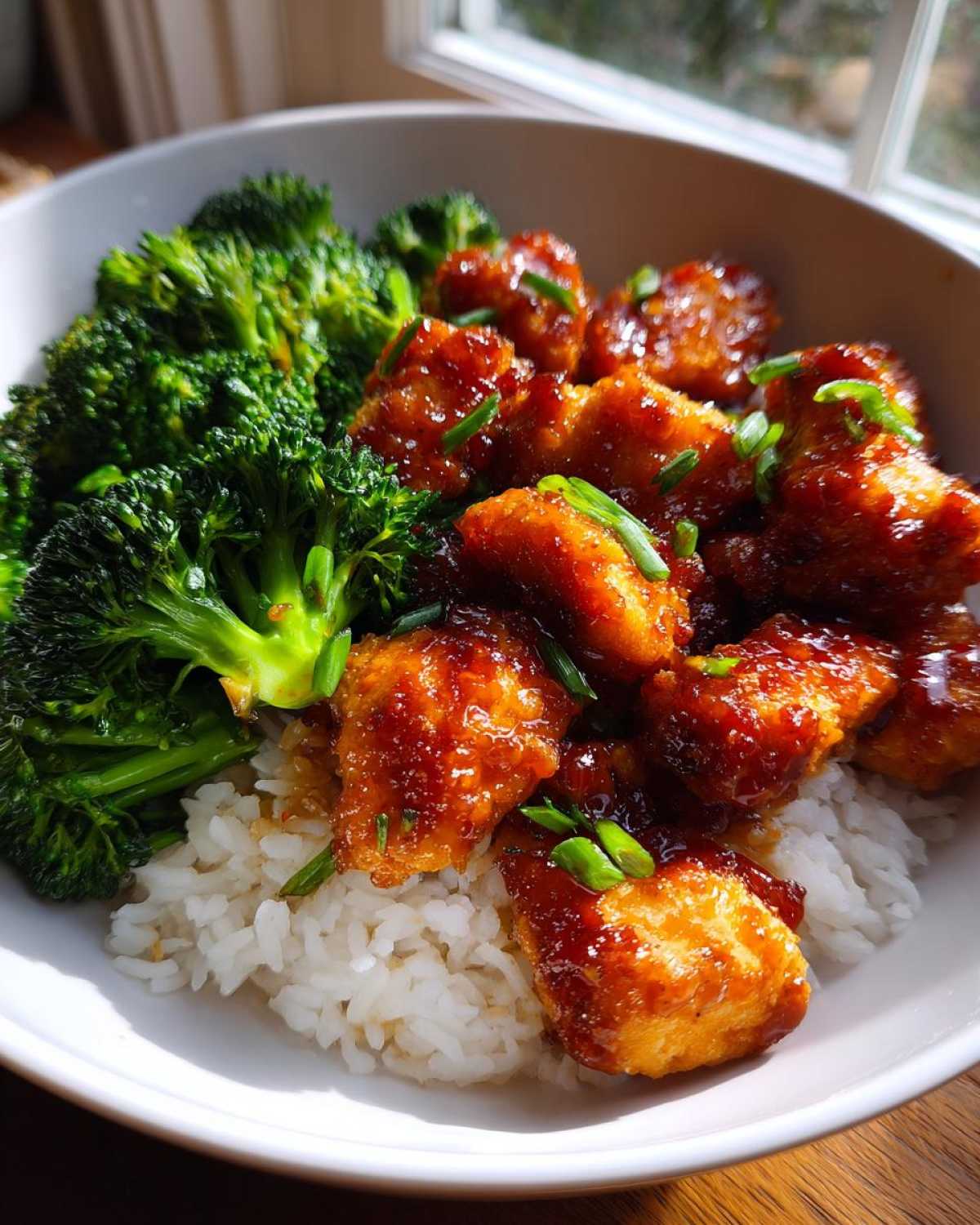 Close-up of Sticky Teriyaki Chicken pieces coated in glaze served over white rice with steamed broccoli.