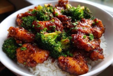 Close-up of Sticky Teriyaki Chicken Easy Weeknight Meal served over white rice with bright green steamed broccoli.