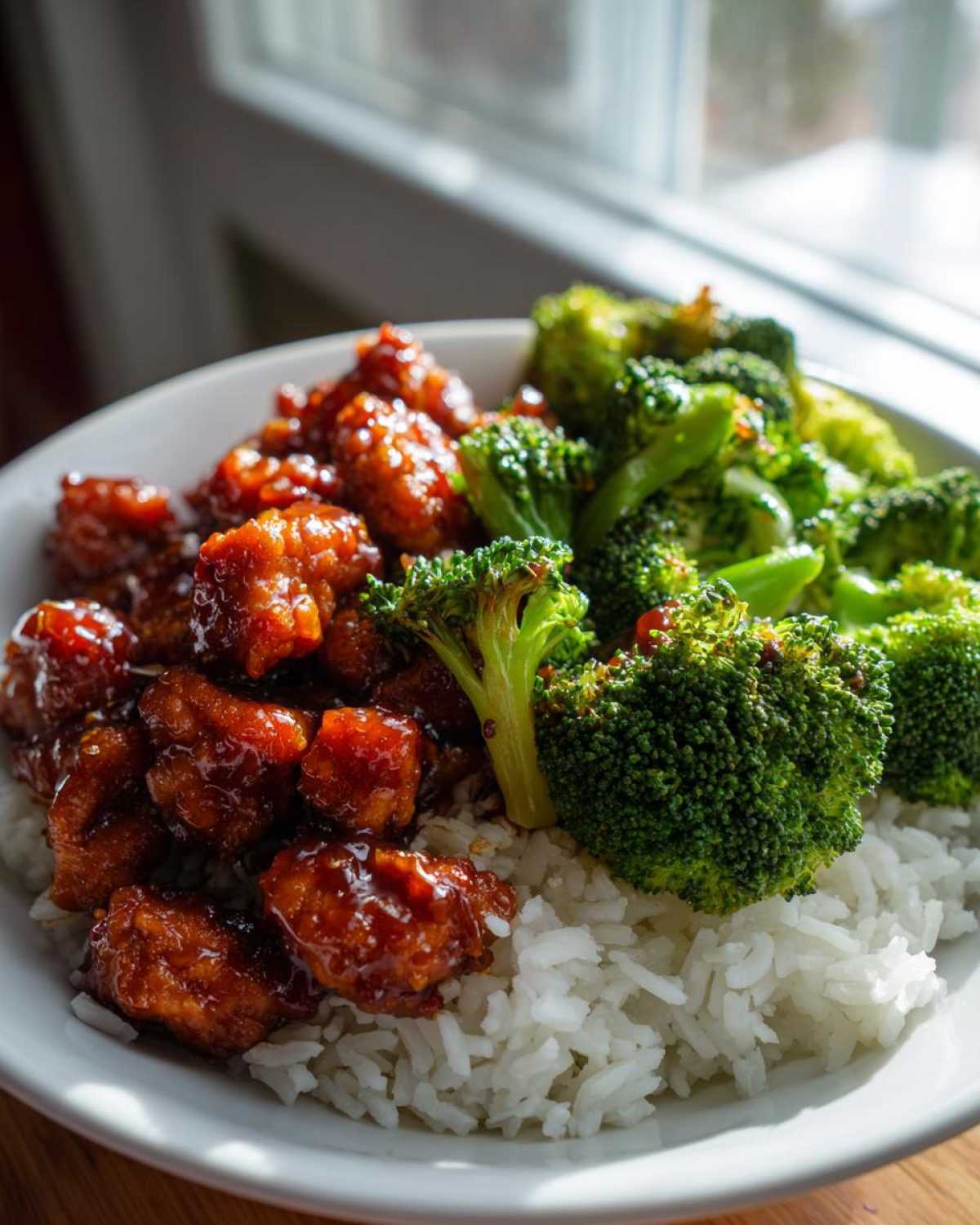 A bowl featuring Sticky Teriyaki Chicken coated in a glossy sauce, served over white rice with steamed broccoli florets.