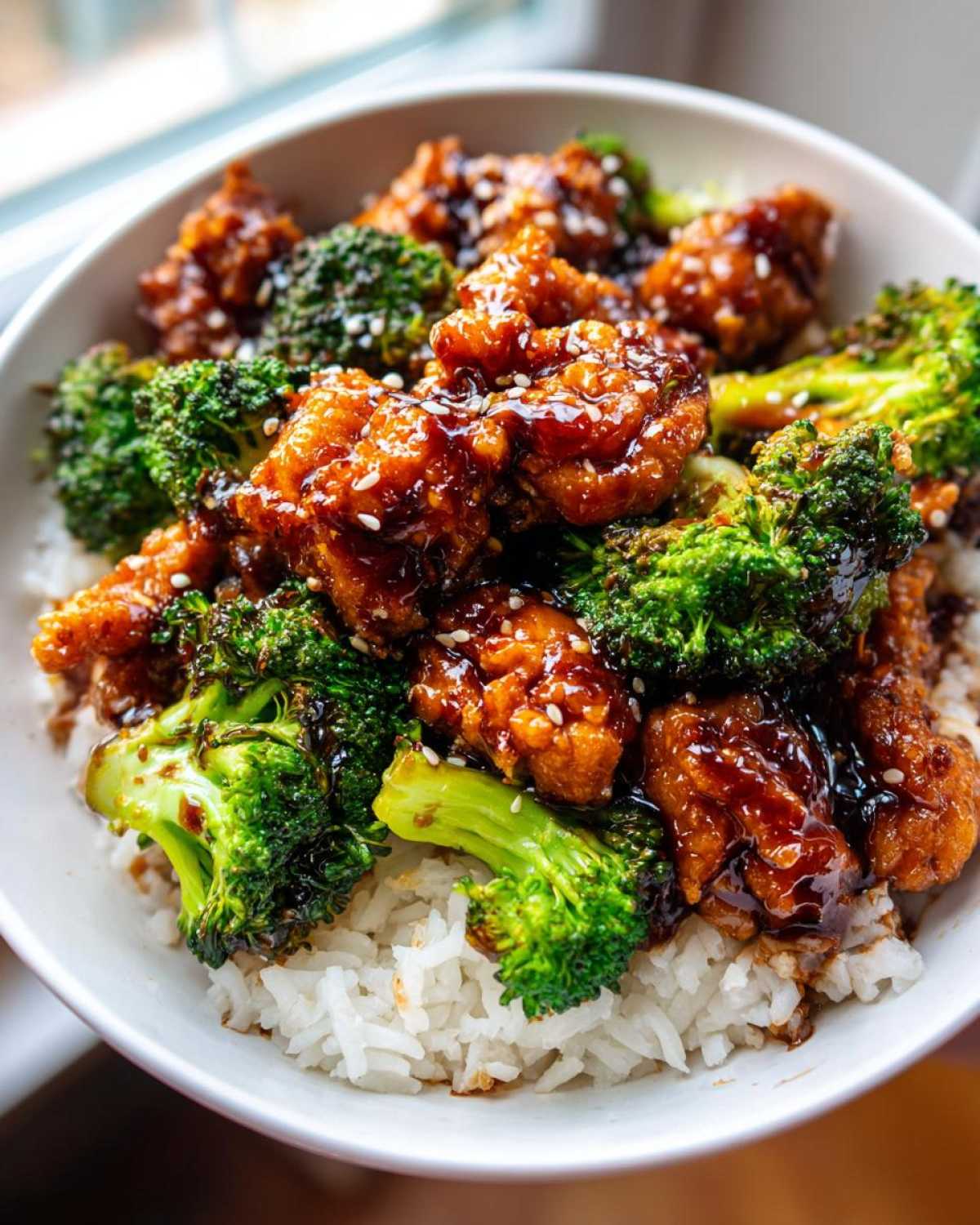 Close-up of Sticky Teriyaki Chicken Easy Weeknight Meal served over white rice with bright green broccoli florets, drizzled with sauce and sesame seeds.