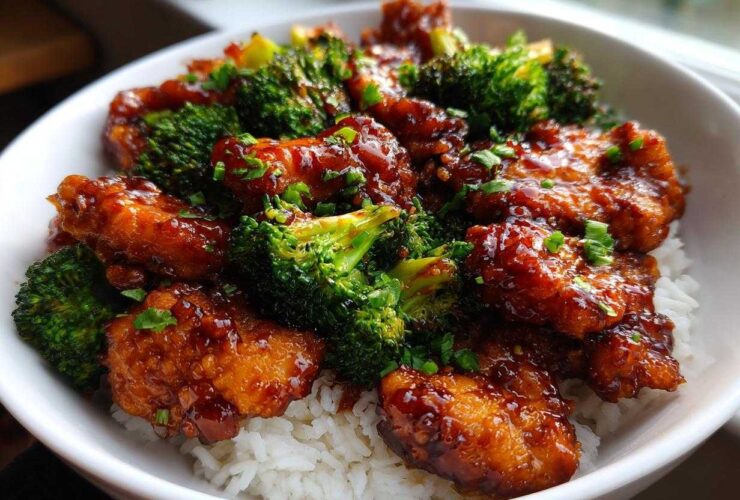 Close-up of Sticky Teriyaki Chicken Easy Weeknight Meal served over white rice with bright green steamed broccoli.