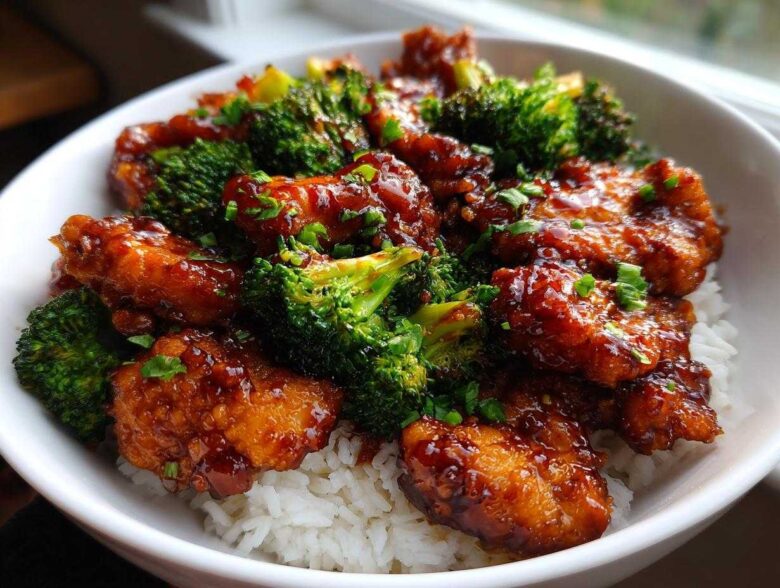 Close-up of Sticky Teriyaki Chicken Easy Weeknight Meal served over white rice with bright green steamed broccoli.