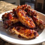 A close-up of oven-baked Sticky Teriyaki Chicken Wings glistening with a dark, caramelized glaze on a white plate.