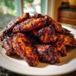 A pile of glistening, dark, and sticky Teriyaki Chicken Wings Oven Baked piled high on a white plate.
