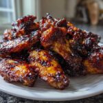 A mound of perfectly cooked Sticky Teriyaki Chicken Wings Oven Baked, coated in a dark, glossy glaze.