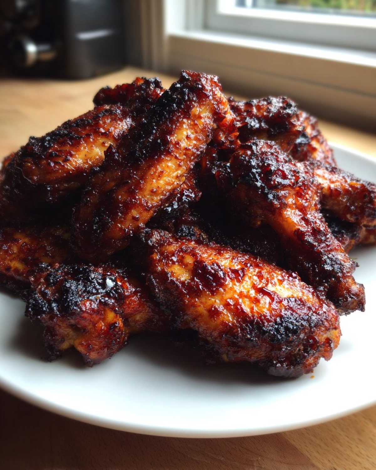 A close-up of a pile of perfectly glazed and slightly charred Sticky Teriyaki Chicken Wings Oven Baked on a white plate.