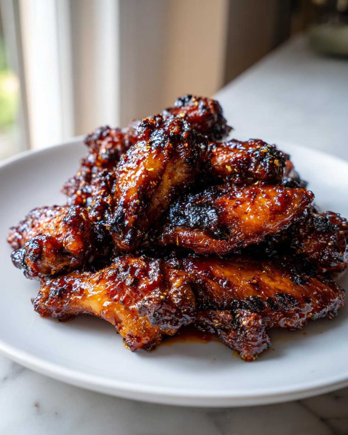 A pile of glossy, caramelized Sticky Teriyaki Chicken Wings Oven Baked served on a white plate.