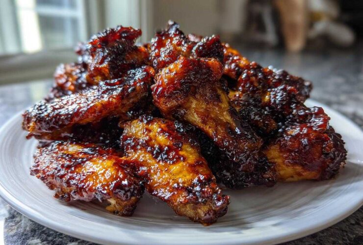 A mound of perfectly cooked Sticky Teriyaki Chicken Wings Oven Baked, coated in a dark, glossy glaze.