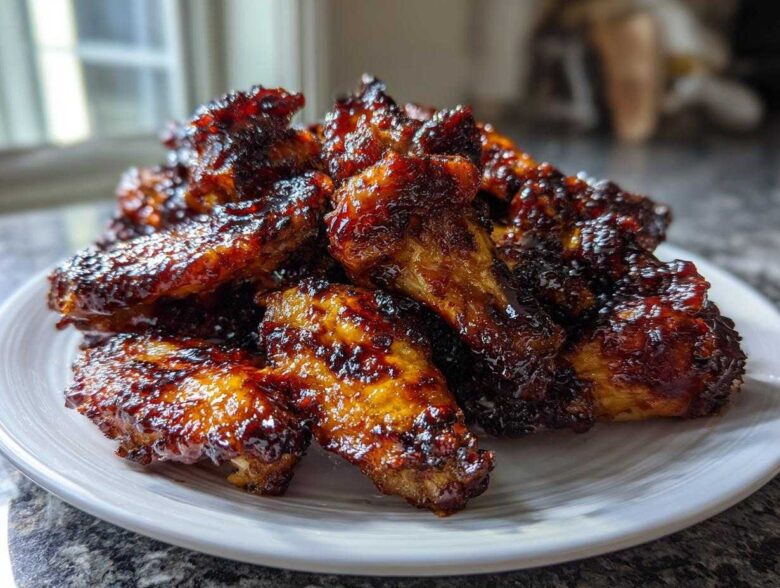 A mound of perfectly cooked Sticky Teriyaki Chicken Wings Oven Baked, coated in a dark, glossy glaze.