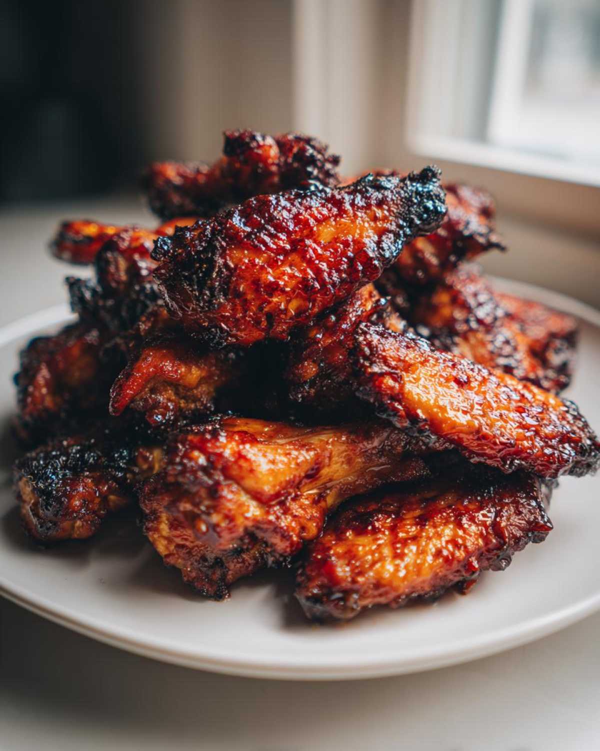 A close-up stack of glistening, caramelized Sticky Teriyaki Chicken Wings Oven Baked on a white plate.