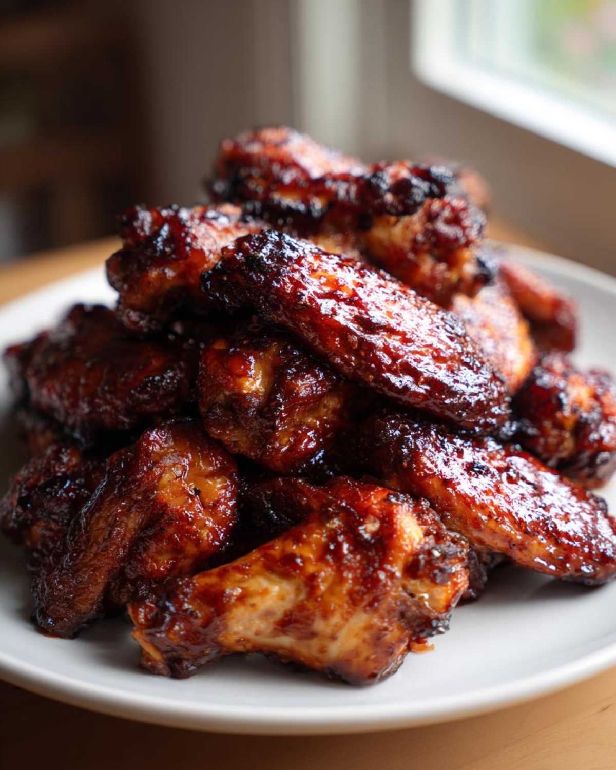 A close-up stack of glossy, caramelized Sticky Teriyaki Chicken Wings Oven Baked piled high on a white plate.